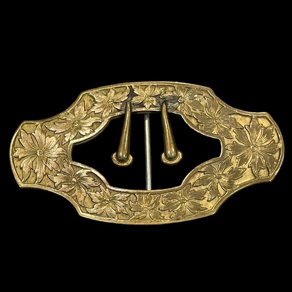Antique Victorian Buckle Style Sash Pin Brooch Ornate Floral Design Brass - Picture 1 of 8